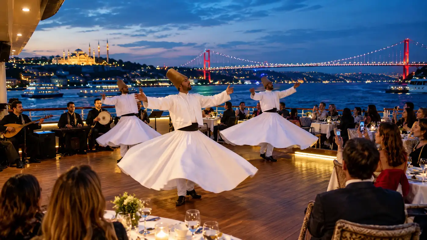 Crucero por el Bósforo de Estambul con espectáculo nocturno turco