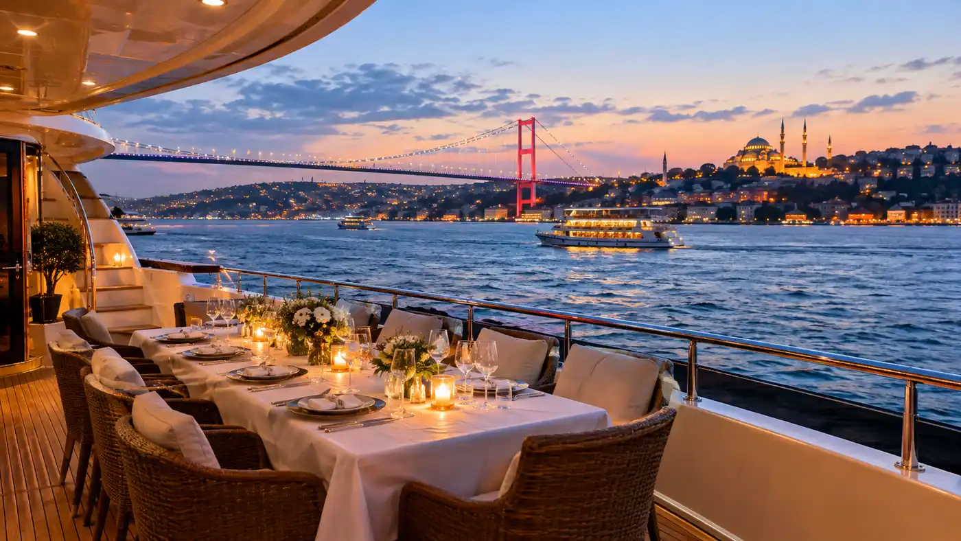 Cena privada en crucero por el Bósforo y alquiler de yate de lujo